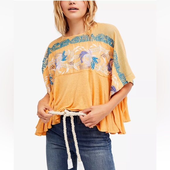 Free People Love Letter Tangerine Orange Size Small Boho Embroidered Linen - Picture 2 of 11